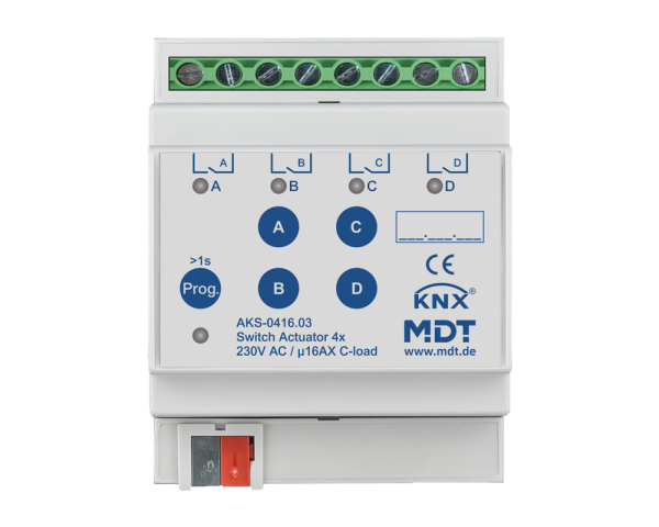 MDT AKS-0416.03 KNX Schaltaktor 4-fach, 4TE REG, 16 A, 230 V AC, C-Last, Standard, 140 µF