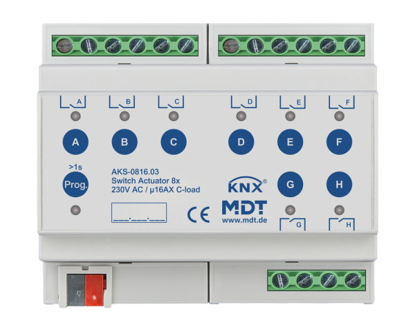 MDT AKS-0816.03 KNX Schaltaktor 8-fach, 6TE REG, 16 A, 230 V AC, C-Last, Standard, 140 µF