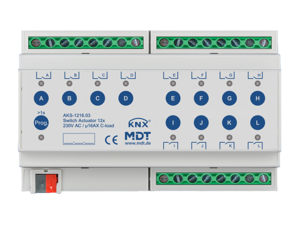 MDT AKS-1216.03 KNX Schaltaktor 12-fach, 8TE REG, 16 A, 230 V AC, C-Last, Standard, 140 µF