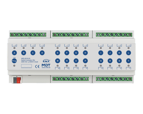 MDT AKS-2016.03 KNX Schaltaktor 20-fach, 12TE REG, 16 A, 230 V AC, C-Last, Standard, 140 µF