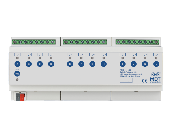 MDT AMS-1216.02 Schaltaktor 12-fach, 12TE, REG, 16A, 230VAC, C-Last mit Strommessung, 140µF