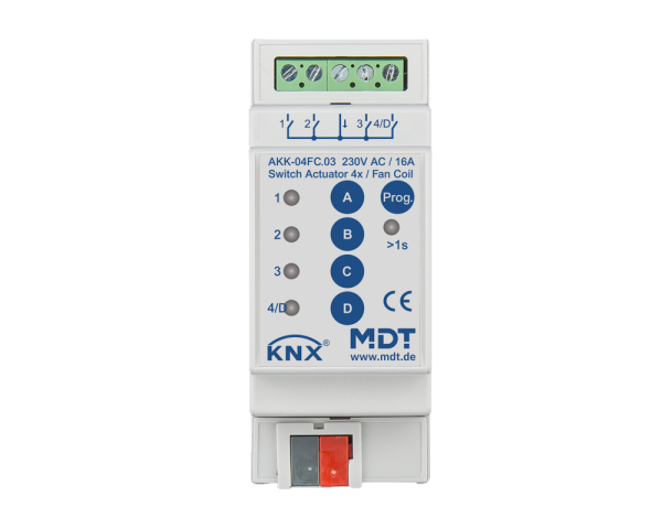 MDT AKK-04FC.03 KNX Schaltaktor 4-fach, 2TE REG, 16 A, 230 V AC, Kompakt, 70 µF, 10EVG, Fan coil