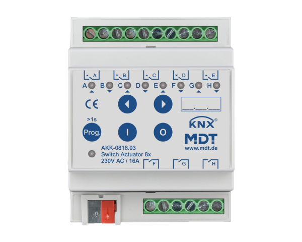 MDT AKK-0816.03 KNX Schaltaktor 8-fach, 4TE REG, 16 A, 230 V AC, Kompakt, 70 µF, 10 EVG