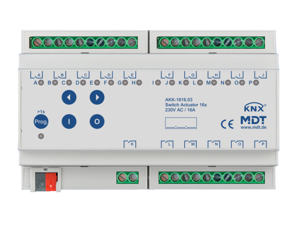 MDT AKK-1616.03 KNX Schaltaktor 16-fach, 8TE REG, 16 A, 230 V AC, Kompakt, 70 µF, 10 EVG