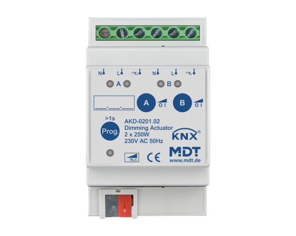 MDT AKD-0201.02 KNX Dimmaktor 2-fach, 3TE REG, 250 W, 230 V AC mit Wirkleistungsmessung