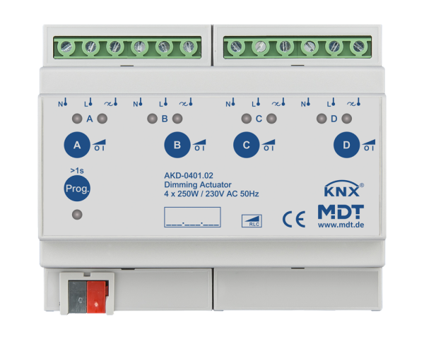 MDT AKD-0401.02 KNX Dimmaktor 4-fach, 6TE REG, 250 W, 230 V AC mit Wirkleistungsmessung