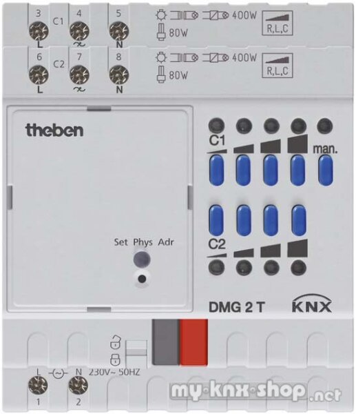 Theben DMG 2 T KNX Dimmaktor (Grundmodul MIX2) 2-fach, 400 W, KNX TP, Data Secure, Grundgerät MIX2