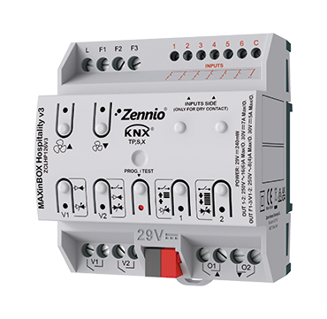 Zennio ZCLHP126V3 MAXinBOX Hospitality v3 Fan-Coil-Controller für 2-/4-Rohr-Einheiten mit 2*16A Ausgängen + 6 analog/digitalen Eingängen mit KNX Secure