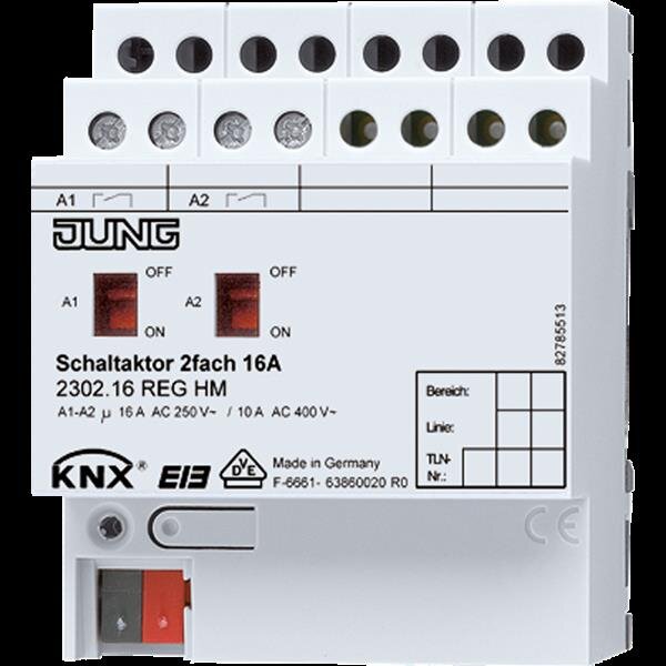 Jung 2302.16REGHM Schaltaktor, 2fach, REG, integrierter Busankoppler, Handbedienung, Statusanzeige