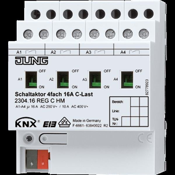 Jung 2304.16REGCHM Schaltaktor C-Last, 4fach, REG, Schließer, mechanische Handbedienung