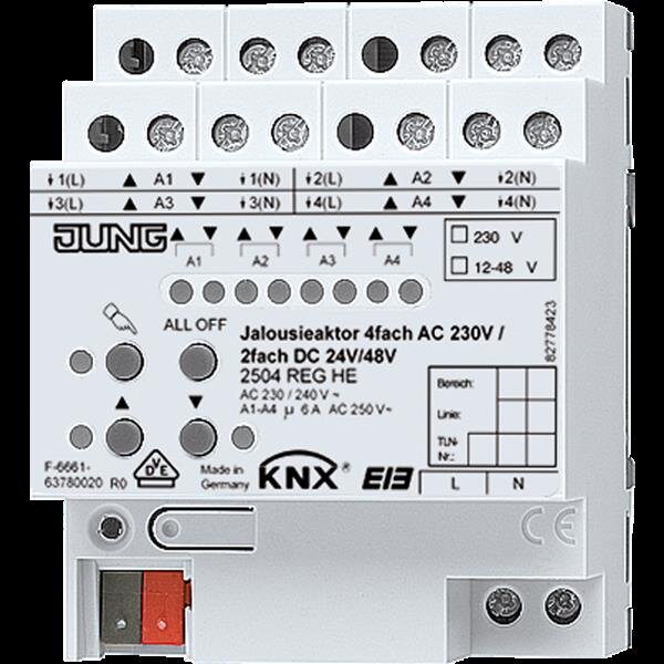 Jung 2504REGHE Jalousieaktor, 4fach AC 230 V ~, 2fach DC 24 V =, elektronische Handbedienung