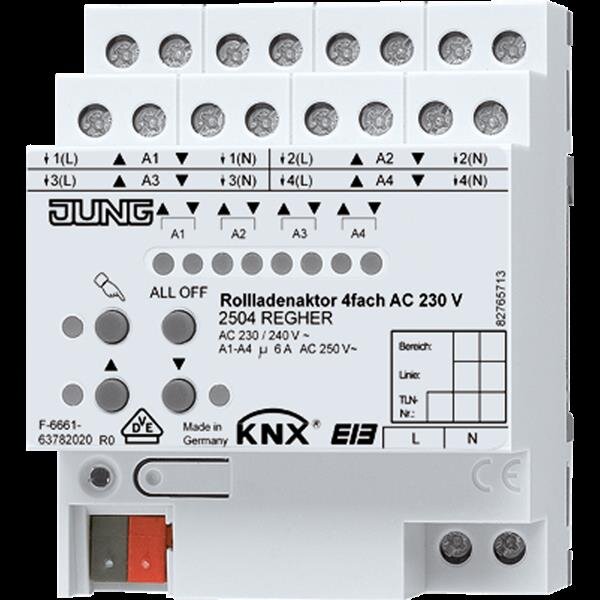 Jung 2504REGHER KNX Rollladenaktor, 4fach, REG, elektronische Handbedienung, LED-Statusanzeige, AC 230 V