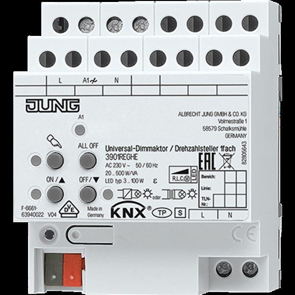 Jung 3901REGHE KNX Universal-Dimmaktor / Drehzahlsteller, 1fach, REG, elektronische Handbedienung, 1 x 500 W