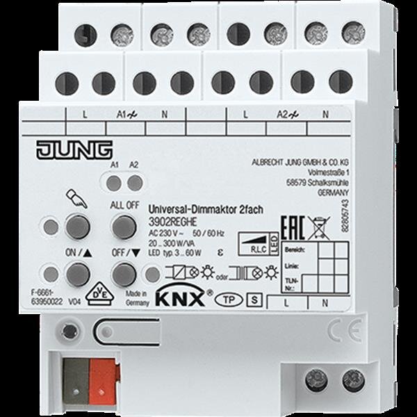 Jung 3902REGHE KNX Universal-Dimmaktor, 2fach, REG, elektronische Handbedienung, 2 x 300 W