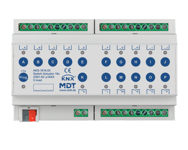 MDT AKS-1616.03 KNX Schaltaktor 16-fach, 8TE REG, 16 A, 230 V AC, C-Last, Standard, 140 µF