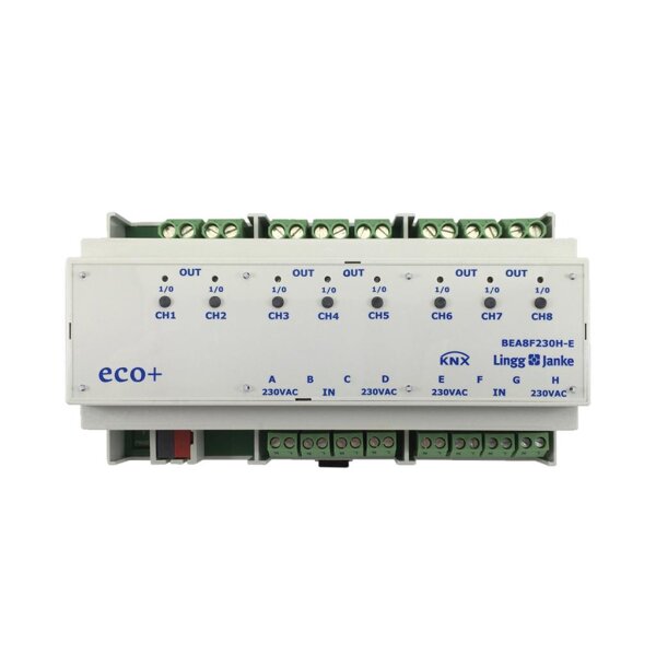 Lingg&Janke 79242SEC KNX Secure Binär Ein-/Ausgang 8-fach, Signaleingang 230V AC/DC, Handbedienung, 9 TE Schaltleistung 16A 250 VAC, C-Last 200µF BEA8F230H-SEC