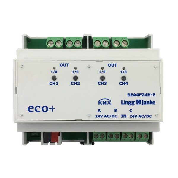 Lingg&Janke 79246SEC KNX Secure Binär Ein-/Ausgang 4-fach, Signaleingang 24V AC/DC, Handbedienung, 6 TE Schaltleistung 16A 250 VAC, C-Last 200µF BEA4F24H-SEC