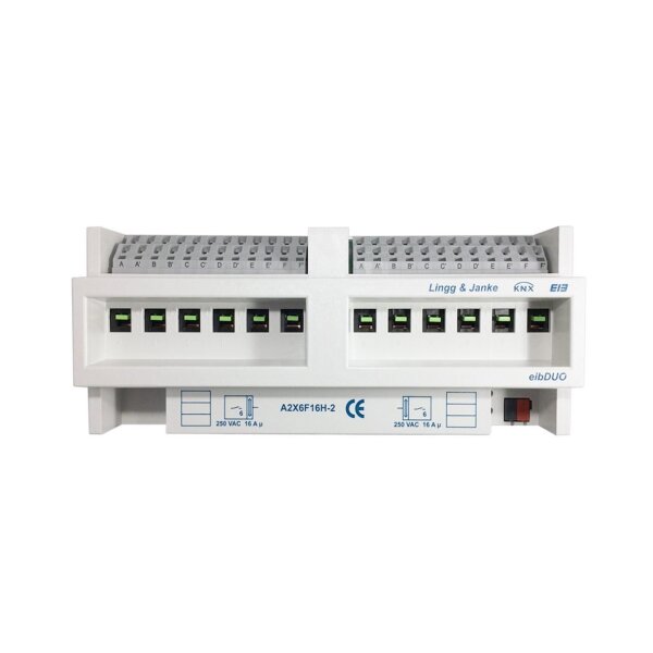 Lingg&Janke 89204SEC KNX Secure Schaltaktor 2x6-fach, Handbedienung, 2. Generation, 12 TE Schaltleistung 16A 250 VAC, C-Last 200µF A2X6F16H-2-SEC