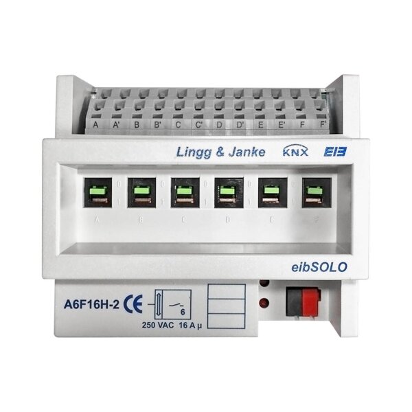 Lingg&Janke 89205SEC KNX Secure Schaltaktor 6-fach, Handbedienung, 2. Generation, 6 TE Schaltleistung 16A 250 VAC, C-Last 200µF A6F16H-2-SEC