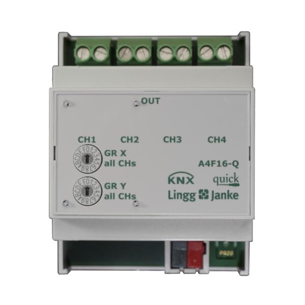 Lingg&Janke Q79232 KNX quick Schaltaktor 4-fach, 4 TE Schaltleistung 16A 250 VAC, C-Last 200µF A4F16-Q