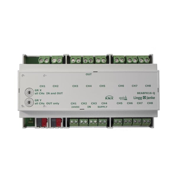 Lingg&Janke Q79241 KNX quick Binär Ein-/Ausgang 8-fach, Kontaktabfrage, 9 TE Schaltleistung 16A 250 VAC, C-Last 200µF BEA8FK16-Q