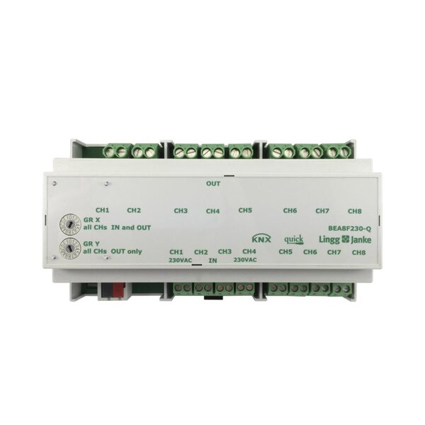 Lingg&Janke Q79242 KNX quick Binär Ein-/Ausgang 8-fach, Signaleingang 230V AC/DC, 9 TE Schaltleistung 16A 250 VAC, C-Last 200µF BEA8F230-Q