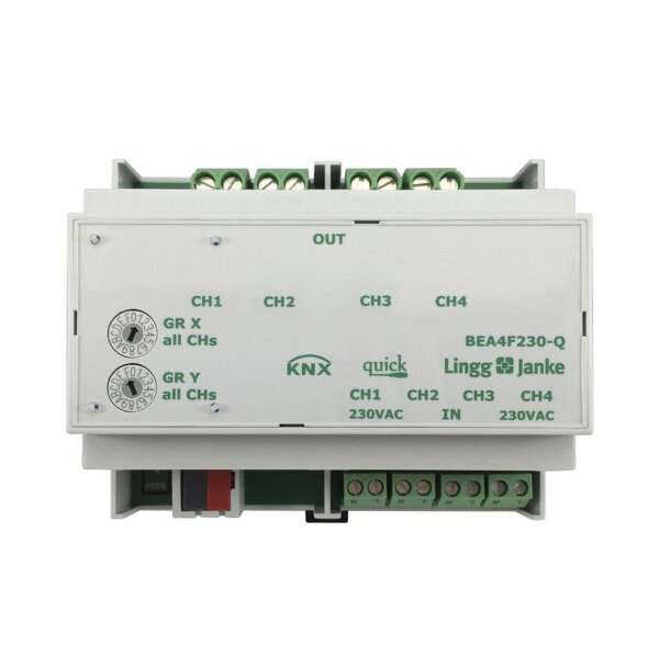 Lingg&Janke Q79243 KNX quick Binär Ein-/Ausgang 4-fach, Kontaktabfrage, 6 TE Schaltleistung 16A 250 VAC, C-Last 200µF BEA4FK16-Q