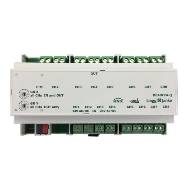 Lingg&Janke Q79245 KNX quick Binär Ein-/Ausgang 8-fach, Signaleingang 24V AC/DC, 9 TE Schaltleistung 16A 250 VAC, C-Last 200µF BEA8F24-Q