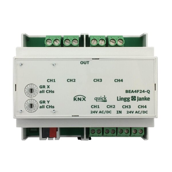 Lingg&Janke Q79246 KNX quick Binär Ein-/Ausgang 4-fach, Signaleingang 24V AC/DC, 6 TE Schaltleistung 16A 250 VAC, C-Last 200µF BEA4F24-Q