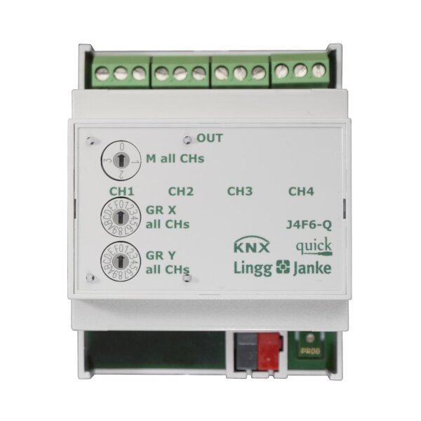 Lingg&Janke Q79437 KNX quick Jalousie-/Rollladenaktor 4-fach 10A, 4 TE Schaltleistung 10A 250 VAC, C-Last 140µF J4F10-Q