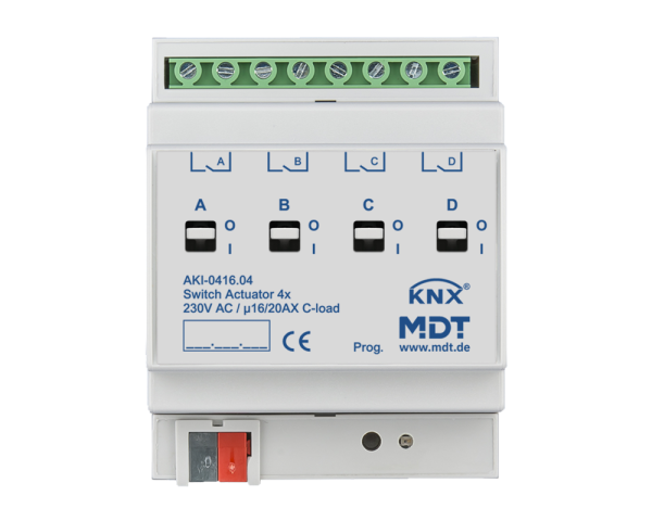 MDT AKI-0416.04 KNX Schaltaktor 4-fach, 4TE REG, 16/20 A, 230 V AC, C-Last, Industrie, 200 µF