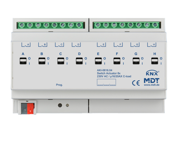 MDT AKI-0816.04 KNX Schaltaktor 8-fach, 8TE REG, 16/20 A, 230 V AC, C-Last, Industrie, 200 µF