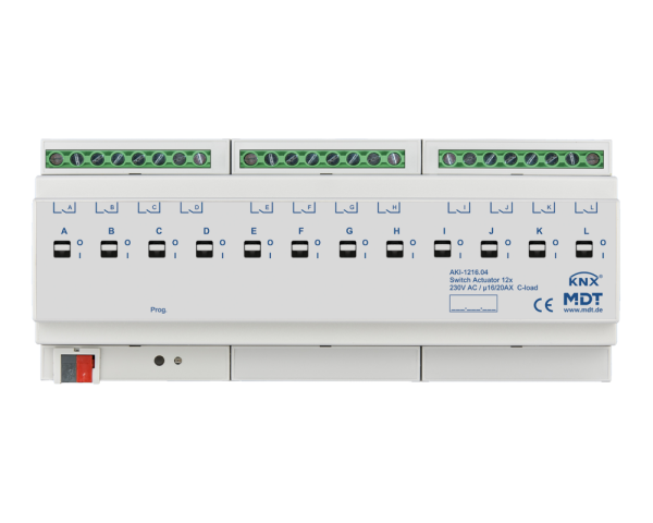 MDT AKI-1216.04 KNX Schaltaktor 12-fach, 12TE REG, 16/20 A, 230 V AC, C-Last, Industrie, 200 µF