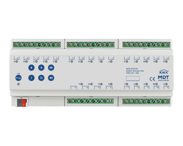 MDT AKK-2416.03 KNX Schaltaktor 24-fach, 12TE REG, 16 A, 230 V AC, Kompakt, 70 µF, 10 EVG