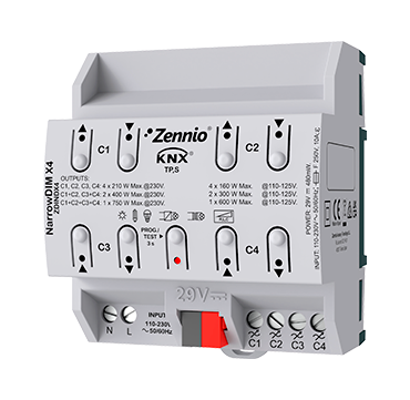 Zennio ZDINDX4 KNX NarrowDIM X4 Universaler Dimmaktor (RLC, LED, CFL)