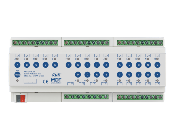 MDT AKS-2416.03 KNX Schaltaktor 24-fach, 12TE REG, 16 A, 230 V AC, C-Last, Standard, 140 µF