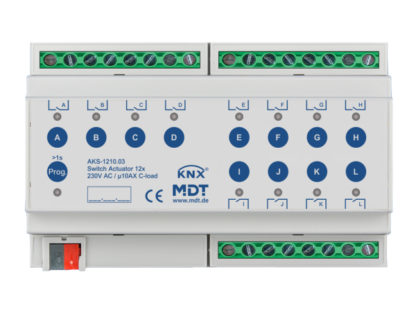 MDT AKS-1210.03 KNX Schaltaktor 12-fach, 8TE REG, 10 A, 230 V AC, C-Last, Standard, 140 µF