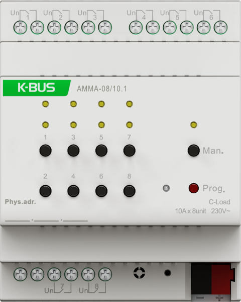 GVS KNX Multifunktionsaktor 8-fach 16A - Schalten/Jalousien/Heizung (PWM, 2-Punkt, 3-Punkt)/Fancoil - AMMA-08/10.1