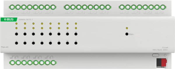 GVS KNX Multifunktionsaktor 16-fach 16A - Schalten/Jalousien/Heizung (PWM, 2-Punkt, 3-Punkt)/Fancoil - AMMA-16/10.1