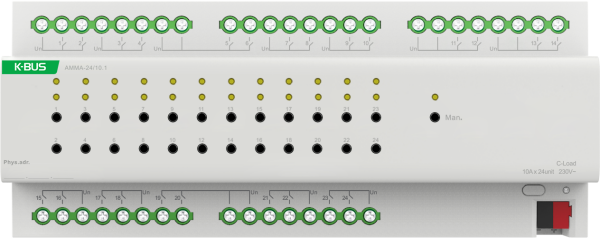 GVS KNX Multifunktionsaktor 24-fach 16A - Schalten/Jalousien/Heizung (PWM, 2-Punkt, 3-Punkt)/Fancoil - AMMA-24/10.1