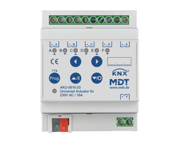 MDT AKU-0616.03 KNX Universalaktor 6-fach, 4TE REG, 16 A, 230 V AC, 100 µF, 15 EVG