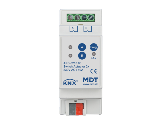 MDT AKS-0210.03 KNX Schaltaktor 2-fach, 2TE REG, 10 A, 230 V AC, C-Last, Standard, 140 µF