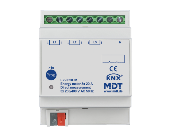 MDT EZ-0320.01 KNX Energiezähler 3-fach 20 A, Direktmessung, 4TE REG, 230/400 V AC