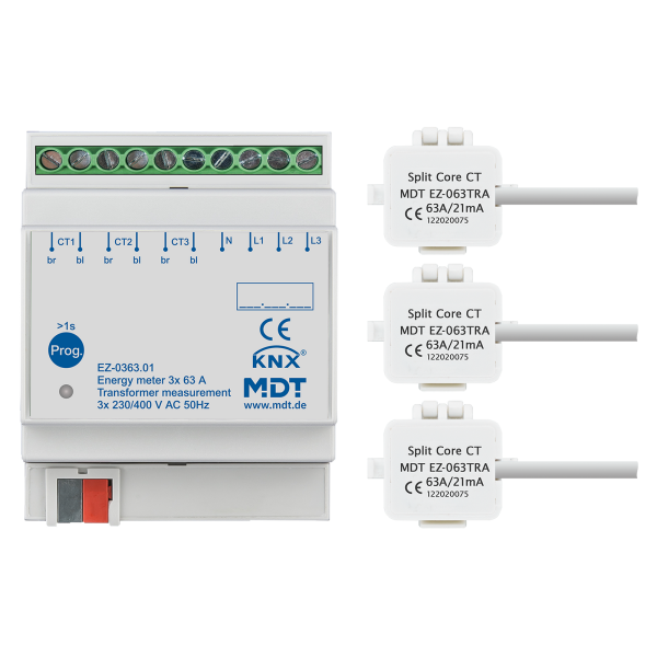 MDT EZ-0363.01 KNX Energiezähler 3-fach 63 A, Wandlermessung, 4TE REG, 230/400 V AC