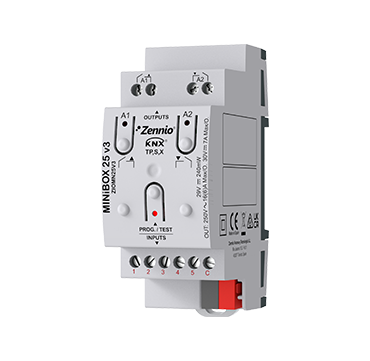 Zennio ZIOMN25V3 KNX Multifunktionsaktor MINiBOX 25 V3 mit 2 (16 A) Ausgängen und 5 analog/digitalen Eingängen