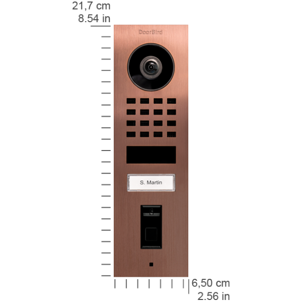 DoorBird IP Video Türstation D1101FV Fingerprint 50 Aufputz, Edelstahl V2A, gebürstet, PVD Beschichtung mit Bronze-Optik, 1 Ruftaste, DoorBird Fingerabdruckleser Modul 50, inkl. Aufputzgehäuse