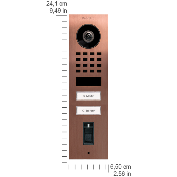 DoorBird IP Video Türstation D1102FV Fingerprint 50 Aufputz, Edelstahl V2A, gebürstet, PVD Beschichtung mit Bronze-Optik, 2 Ruftasten, DoorBird Fingerabdruckleser Modul 50, inkl. Aufputzgehäuse