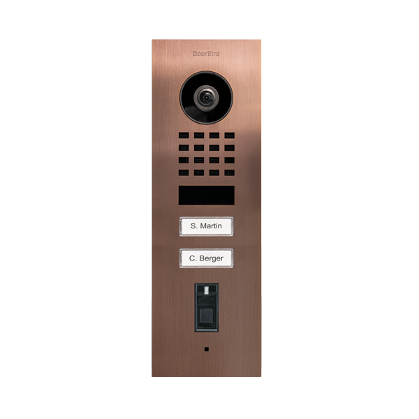 DoorBird IP Video Türstation D1102FV Fingerprint 50 Unterputz Edelstahl V2A, gebürstet, PVD Beschichtung mit Bronze-Optik, 2 Ruftasten, DoorBird Fingerabdruckleser Modul 50, inkl. Unterputzgehäuse