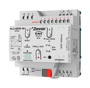 Zennio ALLinBOX46 - Multifunktionsaktor mit 4 16A Ausgängen, 6 Analog/Digital Eingängen, IP Interface, Logik-Modul und KNX Netzteil