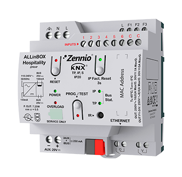 Zennio ALLinBOX Hospitality - Multifunktionsaktor mit IP Interface, Logik-Modul, KNX Netzteil, Fan-Coil-Controller für 2-Rohr-Einheiten und 6 analog/digitalen Eingängen.